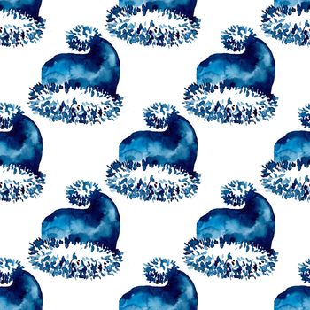 XMAS watercolor Santa Claus Hat Seamless Pattern in Blue Color. Hand PaintedCap Costume background or wallpaper for Ornament, Wrapping or Christmas Gift.