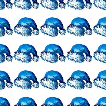 XMAS watercolor Santa Claus Hat Seamless Pattern in Blue Color. Hand PaintedCap Costume background or wallpaper for Ornament, Wrapping or Christmas Gift.