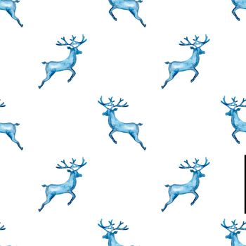 Reindeer XMAS watercolor Deer Stag eamless Pattern in Blue Color. Hand Painted Animal Moose background or wallpaper for Ornament, Wrapping or Christmas Gift.
