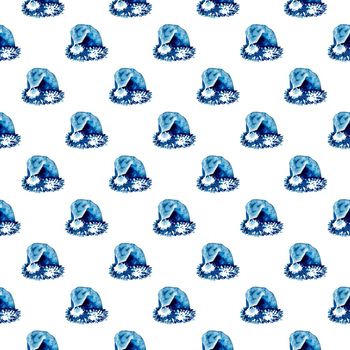 XMAS watercolor Santa Claus Hat Seamless Pattern in Blue Color. Hand PaintedCap Costume background or wallpaper for Ornament, Wrapping or Christmas Gift.