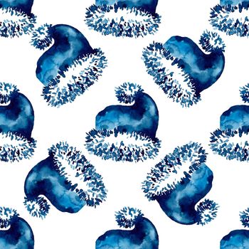 XMAS watercolor Santa Claus Hat Seamless Pattern in Blue Color. Hand PaintedCap Costume background or wallpaper for Ornament, Wrapping or Christmas Gift.