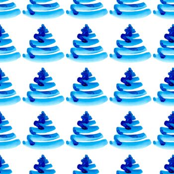 XMAS watercolor Pine Tree Seamless Pattern in Blue Color. Hand Painted fir tree background or wallpaper for Ornament, Wrapping or Christmas Gift.