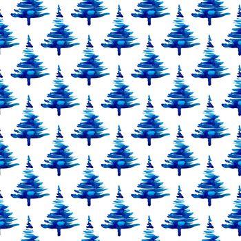 XMAS watercolor Pine Tree Seamless Pattern in Blue Color. Hand Painted fir tree background or wallpaper for Ornament, Wrapping or Christmas Gift.