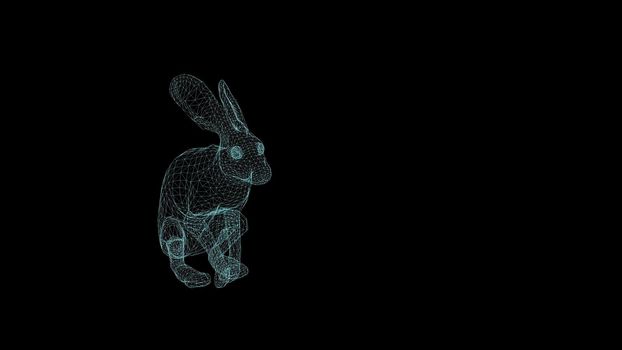 wire frame 3d illustration of rabbit running on black background