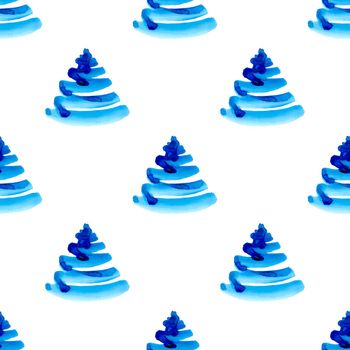 XMAS watercolor Pine Tree Seamless Pattern in Blue Color. Hand Painted fir tree background or wallpaper for Ornament, Wrapping or Christmas Gift.