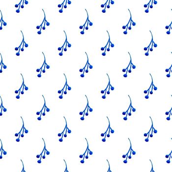 XMAS watercolor Branch Berry Seamless Pattern in Blue Color. Hand Painted background or wallpaper for Ornament, Wrapping or Christmas Gift.