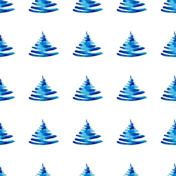 XMAS watercolor Pine Tree Seamless Pattern in Blue Color. Hand Painted fir tree background or wallpaper for Ornament, Wrapping or Christmas Gift.