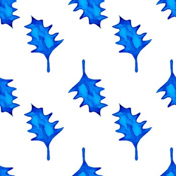 XMAS watercolor Poinsettia Seamless Pattern in Blue Color. Hand Painted fir tree background or wallpaper for Ornament, Wrapping or Christmas Gift.