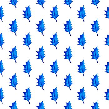 XMAS watercolor Poinsettia Seamless Pattern in Blue Color. Hand Painted fir tree background or wallpaper for Ornament, Wrapping or Christmas Gift.