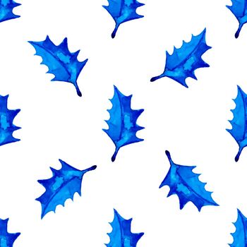 XMAS watercolor Poinsettia Seamless Pattern in Blue Color. Hand Painted fir tree background or wallpaper for Ornament, Wrapping or Christmas Gift.