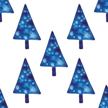 XMAS watercolor Fir Tree Seamless Pattern in Blue Color. Hand Painted Spruce Pine tree background or wallpaper for Ornament, Wrapping or Christmas Decoration.