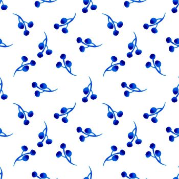 XMAS watercolor Branch Berry Seamless Pattern in Blue Color. Hand Painted background or wallpaper for Ornament, Wrapping or Christmas Gift.