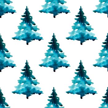 XMAS watercolor Pine Tree Seamless Pattern in Blue Color. Hand Painted fir tree background or wallpaper for Ornament, Wrapping or Christmas Gift.