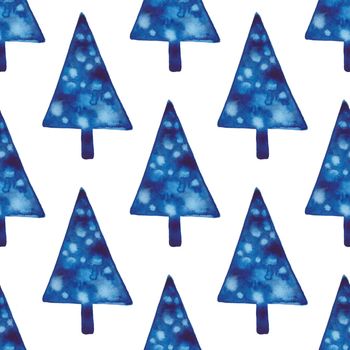 XMAS watercolor Pine Tree Seamless Pattern in Blue Color. Hand Painted fir tree background or wallpaper for Ornament, Wrapping or Christmas Gift.