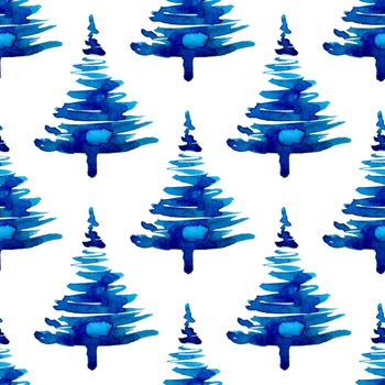 XMAS watercolor Pine Tree Seamless Pattern in Blue Color. Hand Painted fir tree background or wallpaper for Ornament, Wrapping or Christmas Gift.