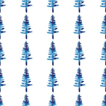 XMAS watercolor Fir Tree Seamless Pattern in Blue Color. Hand Painted Spruce Pine tree background or wallpaper for Ornament, Wrapping or Christmas Decoration.