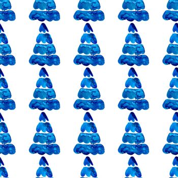 XMAS watercolor Pine Tree Seamless Pattern in Blue Color. Hand Painted fir tree background or wallpaper for Ornament, Wrapping or Christmas Gift.