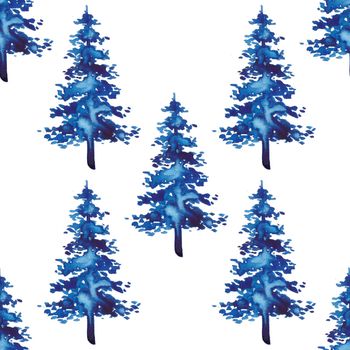 XMAS watercolor Fir Tree Seamless Pattern in Blue Color. Hand Painted Spruce Pine tree background or wallpaper for Ornament, Wrapping or Christmas Decoration.