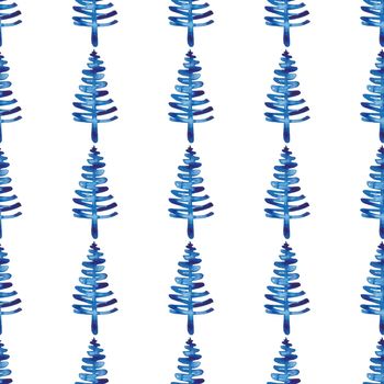 XMAS watercolor Fir Tree Seamless Pattern in Blue Color. Hand Painted Spruce Pine tree background or wallpaper for Ornament, Wrapping or Christmas Decoration.