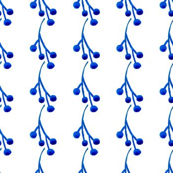 XMAS watercolor Branch Berry Seamless Pattern in Blue Color. Hand Painted background or wallpaper for Ornament, Wrapping or Christmas Gift.