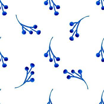 XMAS watercolor Branch Berry Seamless Pattern in Blue Color. Hand Painted background or wallpaper for Ornament, Wrapping or Christmas Gift.
