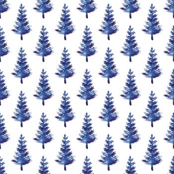 XMAS watercolor Fir Tree Seamless Pattern in Blue Color. Hand Painted Spruce Pine tree background or wallpaper for Ornament, Wrapping or Christmas Decoration.