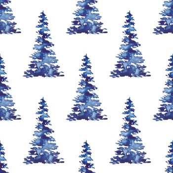 XMAS watercolor Fir Tree Seamless Pattern in Blue Color. Hand Painted Spruce Pine tree background or wallpaper for Ornament, Wrapping or Christmas Decoration.