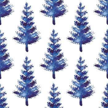 XMAS watercolor Fir Tree Seamless Pattern in Blue Color. Hand Painted Spruce Pine tree background or wallpaper for Ornament, Wrapping or Christmas Decoration.