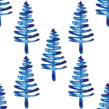 XMAS watercolor Fir Tree Seamless Pattern in Blue Color. Hand Painted Spruce Pine tree background or wallpaper for Ornament, Wrapping or Christmas Decoration.