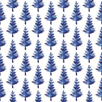 XMAS watercolor Fir Tree Seamless Pattern in Blue Color. Hand Painted Spruce Pine tree background or wallpaper for Ornament, Wrapping or Christmas Decoration.