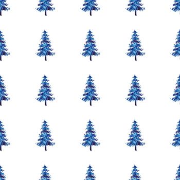 XMAS watercolor Fir Tree Seamless Pattern in Blue Color. Hand Painted Spruce Pine tree background or wallpaper for Ornament, Wrapping or Christmas Decoration.