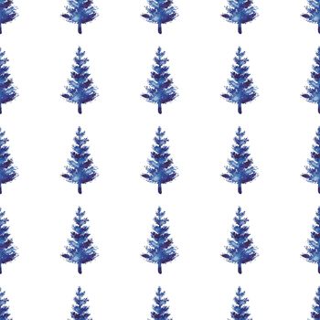 XMAS watercolor Fir Tree Seamless Pattern in Blue Color. Hand Painted Spruce Pine tree background or wallpaper for Ornament, Wrapping or Christmas Decoration.