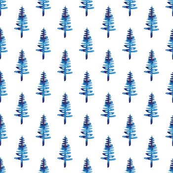 XMAS watercolor Fir Tree Seamless Pattern in Blue Color. Hand Painted Spruce Pine tree background or wallpaper for Ornament, Wrapping or Christmas Decoration.