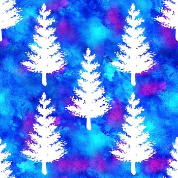 XMAS watercolour Fir Tree Seamless Pattern in White Color on Blue watercolor background. Hand-Painted Spruce Pine tree wallpaper for Ornament, Wrapping or Christmas Decoration.