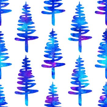 XMAS watercolour Fir Tree Seamless Pattern in Blue Color on white background. Hand-Painted Watercolor Spruce Pine tree wallpaper for Ornament, Wrapping or Christmas Decoration.