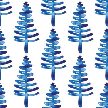 XMAS watercolor Fir Tree Seamless Pattern in Blue Color. Hand Painted Spruce Pine tree background or wallpaper for Ornament, Wrapping or Christmas Decoration.