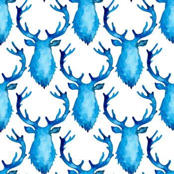 Reindeer XMAS watercolor Deer Stag eamless Pattern in Blue Color. Hand Painted Animal Moose background or wallpaper for Ornament, Wrapping or Christmas Gift.