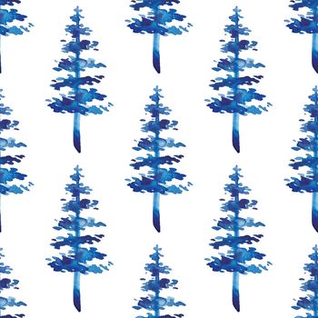 XMAS watercolor Fir Tree Seamless Pattern in Blue Color. Hand Painted Spruce Pine tree background or wallpaper for Ornament, Wrapping or Christmas Decoration.