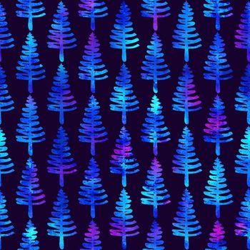 XMAS watercolour Fir Tree Seamless Pattern in White Color on Dark Blue background. Hand-Painted Spruce Pine tree wallpaper for Ornament, Wrapping or Christmas Decoration.