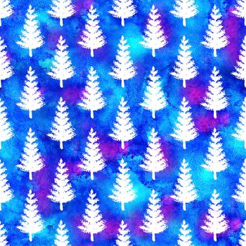 XMAS watercolour Fir Tree Seamless Pattern in White Color on Blue watercolor background. Hand-Painted Spruce Pine tree wallpaper for Ornament, Wrapping or Christmas Decoration.