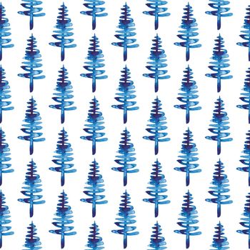 XMAS watercolor Fir Tree Seamless Pattern in Blue Color. Hand Painted Spruce Pine tree background or wallpaper for Ornament, Wrapping or Christmas Decoration.