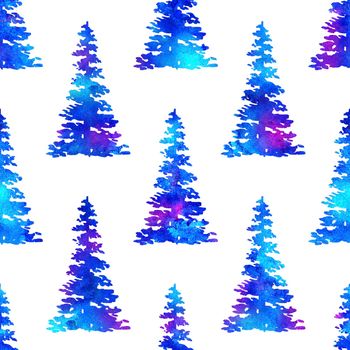 XMAS watercolour Fir Tree Seamless Pattern in Blue Color on white background. Hand-Painted Watercolor Spruce Pine tree wallpaper for Ornament, Wrapping or Christmas Decoration.