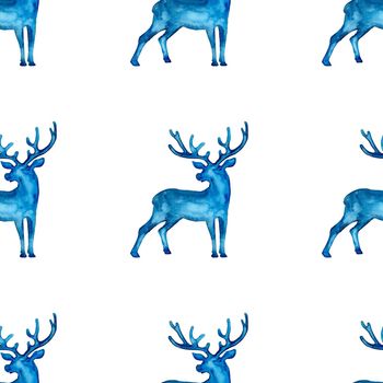 Reindeer XMAS watercolor Deer Stag eamless Pattern in Blue Color. Hand Painted Animal Moose background or wallpaper for Ornament, Wrapping or Christmas Gift.