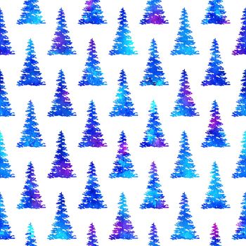 XMAS watercolour Fir Tree Seamless Pattern in Blue Color on white background. Hand-Painted Watercolor Spruce Pine tree wallpaper for Ornament, Wrapping or Christmas Decoration.