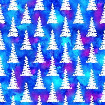 XMAS watercolour Fir Tree Seamless Pattern in White Color on Blue watercolor background. Hand-Painted Spruce Pine tree wallpaper for Ornament, Wrapping or Christmas Decoration.