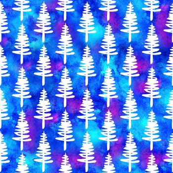 XMAS watercolour Fir Tree Seamless Pattern in White Color on Blue watercolor background. Hand-Painted Spruce Pine tree wallpaper for Ornament, Wrapping or Christmas Decoration.