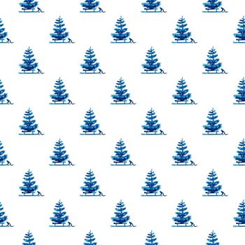 XMAS watercolor Pine Tree and Sleigh Seamless Pattern in Blue Color. Hand Painted fir tree background or wallpaper for Ornament, Wrapping or Christmas Gift.