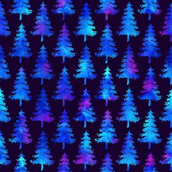 XMAS watercolour Fir Tree Seamless Pattern in White Color on Dark Blue background. Hand-Painted Spruce Pine tree wallpaper for Ornament, Wrapping or Christmas Decoration.