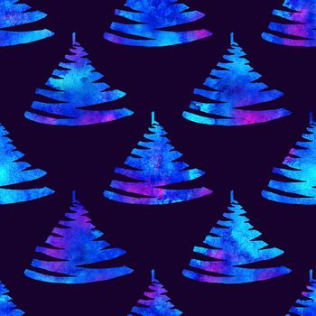 XMAS watercolour Fir Tree Seamless Pattern in White Color on Dark Blue background. Hand-Painted Spruce Pine tree wallpaper for Ornament, Wrapping or Christmas Decoration.