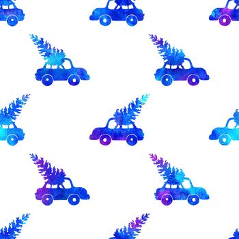 XMAS watercolor Pine Tree and Car Seamless Pattern in Blue Color. Hand Painted fir tree background or wallpaper for Ornament, Wrapping or Christmas Gift.